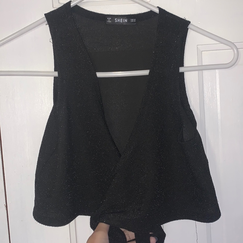 Black shimmer wrap tank top